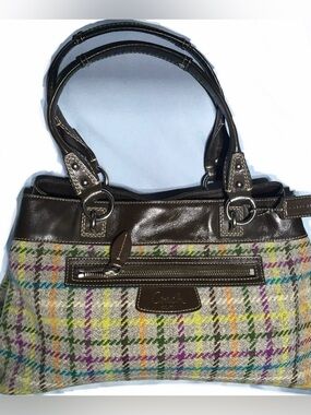 Coach Penelope Tattersall Plaid Wool Patent Leather Shoulder Handbag F15456